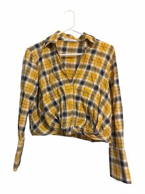 Pharaoh Darryl Twist Top Mustard Plaid Academia Boho Cropped Shirt Size 0